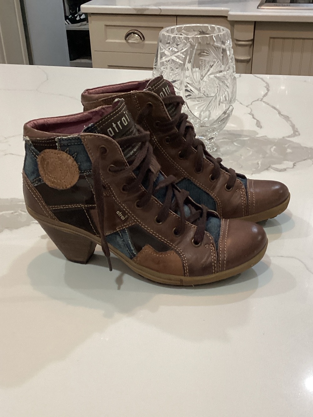 Atrai  Brown and Denim Lace-Up Heeled Ankle Boots